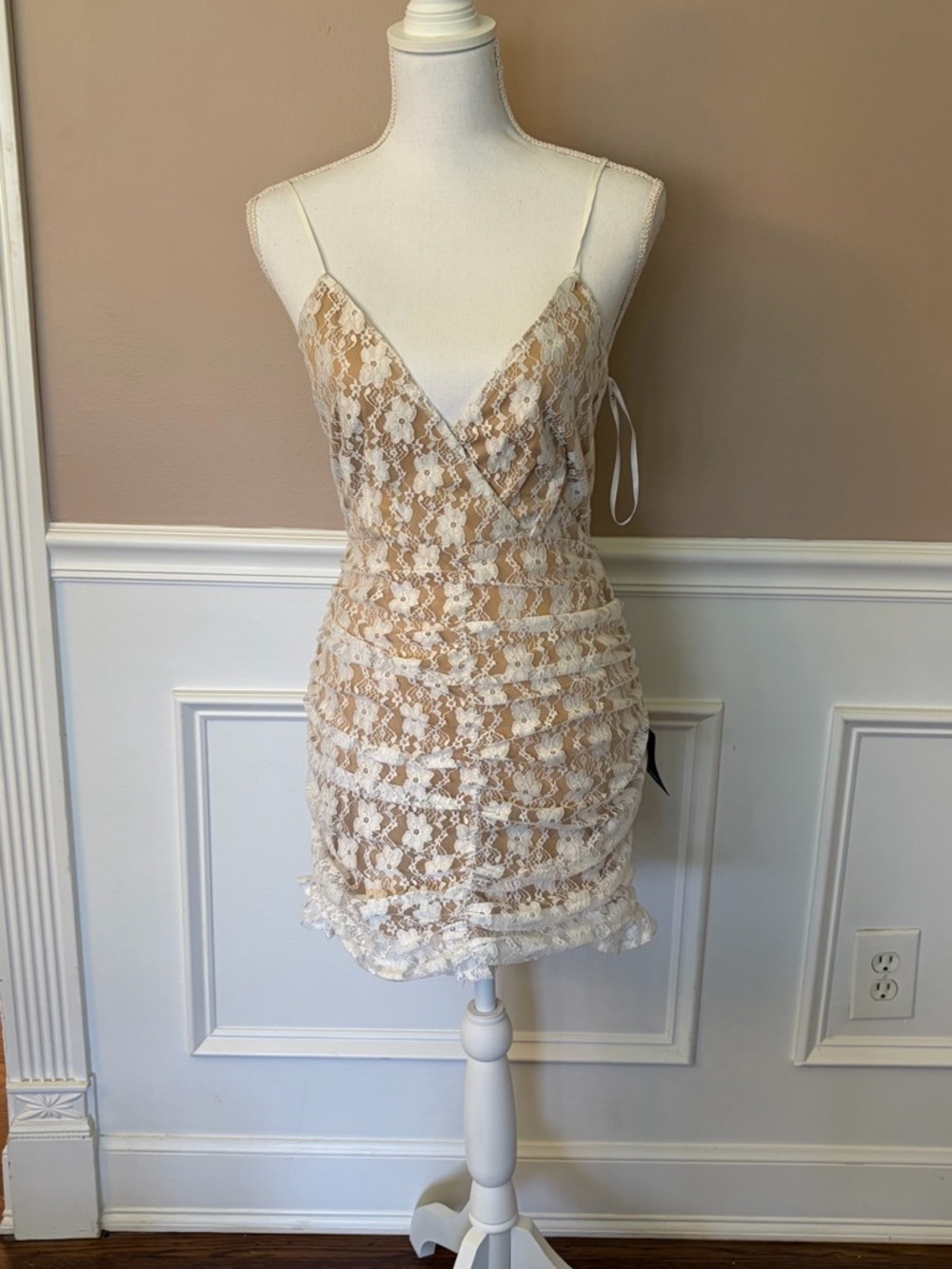 Lulu's Ivory Lace Mini Dress with Nude Lining